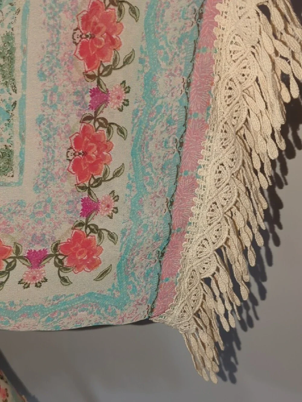 ENTRO Cream Floral Fringe Kimono with Pink & Teal Accents